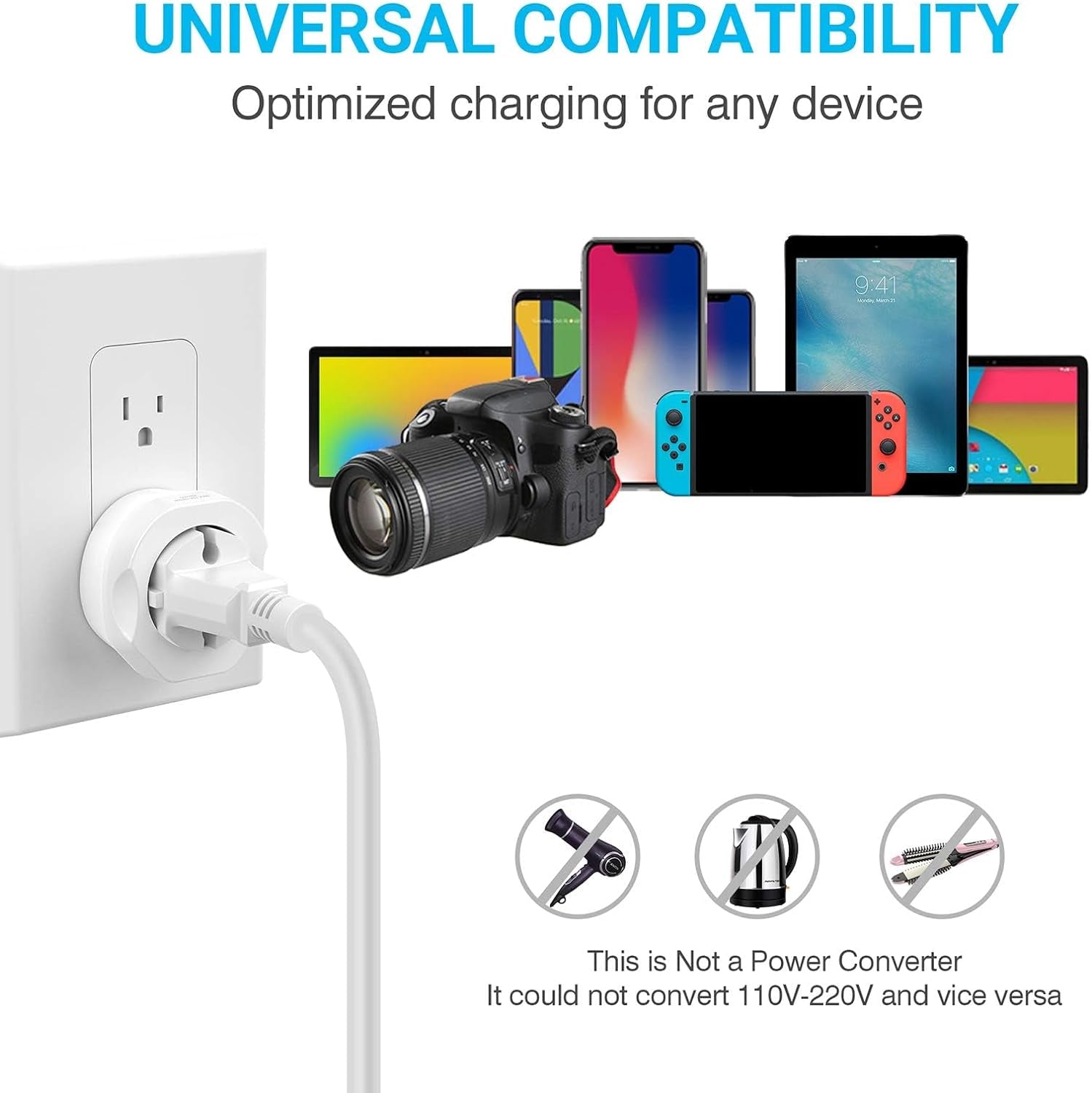 1 Pack European to US Plug Adapter,  EU to US Adapter, Europe to USA Travel Converter for Most of EU Spain France Type C E F Plugs to America