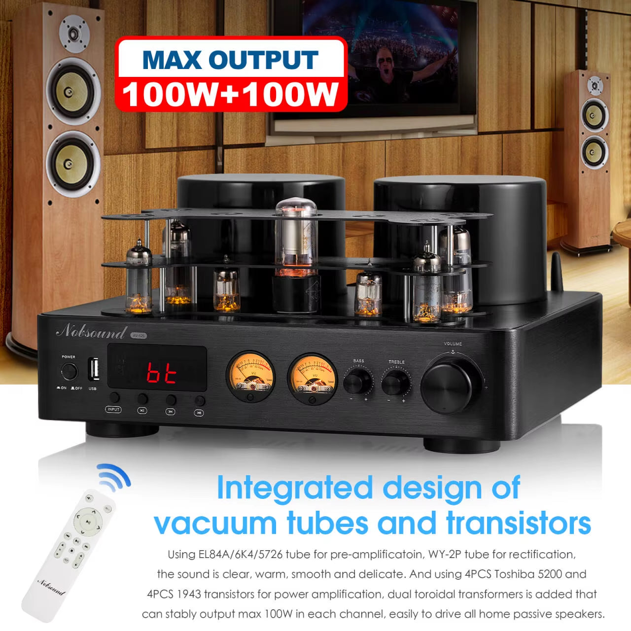Nobsound Hifi Hybird Stereo Valve Tube Amplifier Bluetooth 5.0 Audio Receiver COAX / OPT Power Amp USB Player