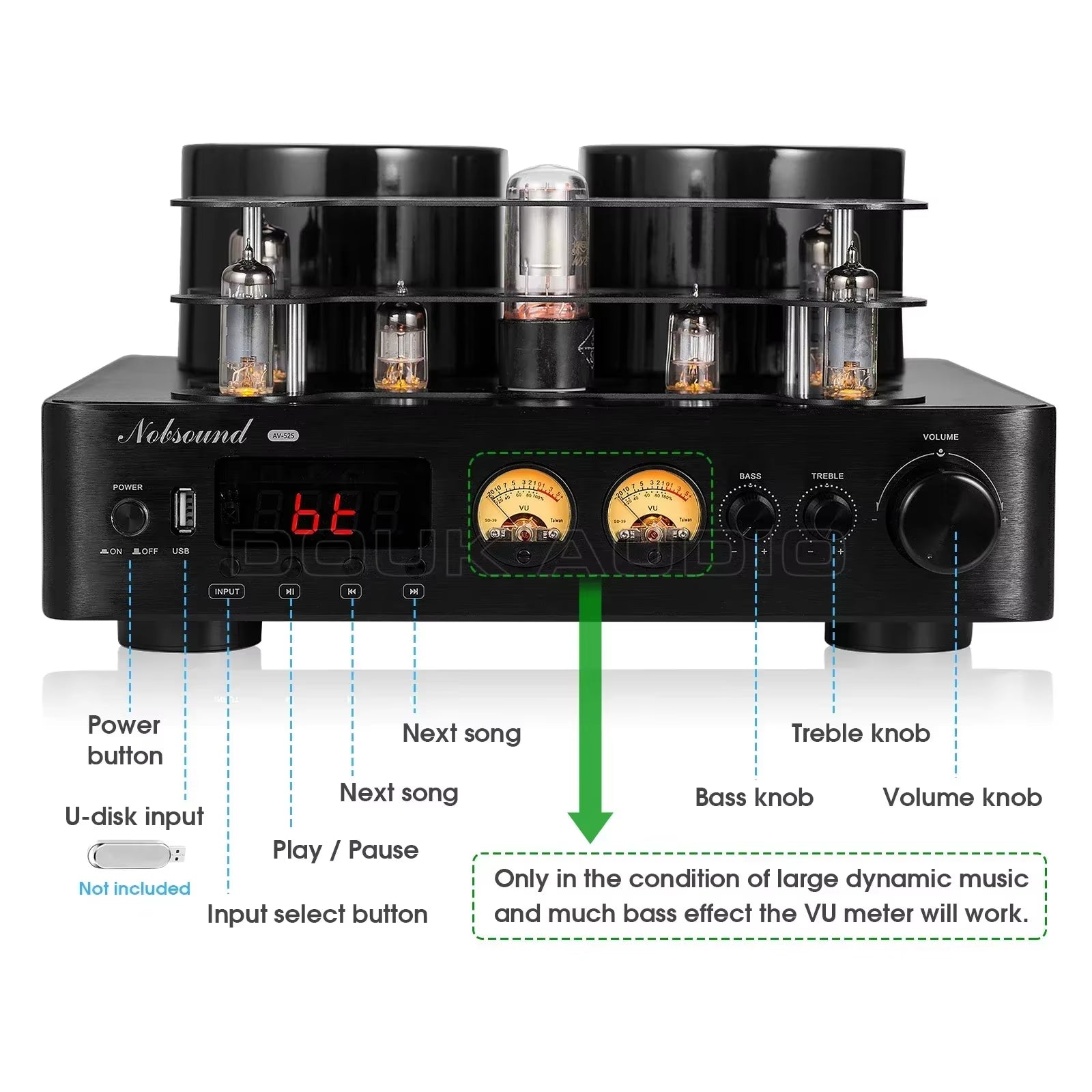 Nobsound Hifi Hybird Stereo Valve Tube Amplifier Bluetooth 5.0 Audio Receiver COAX / OPT Power Amp USB Player