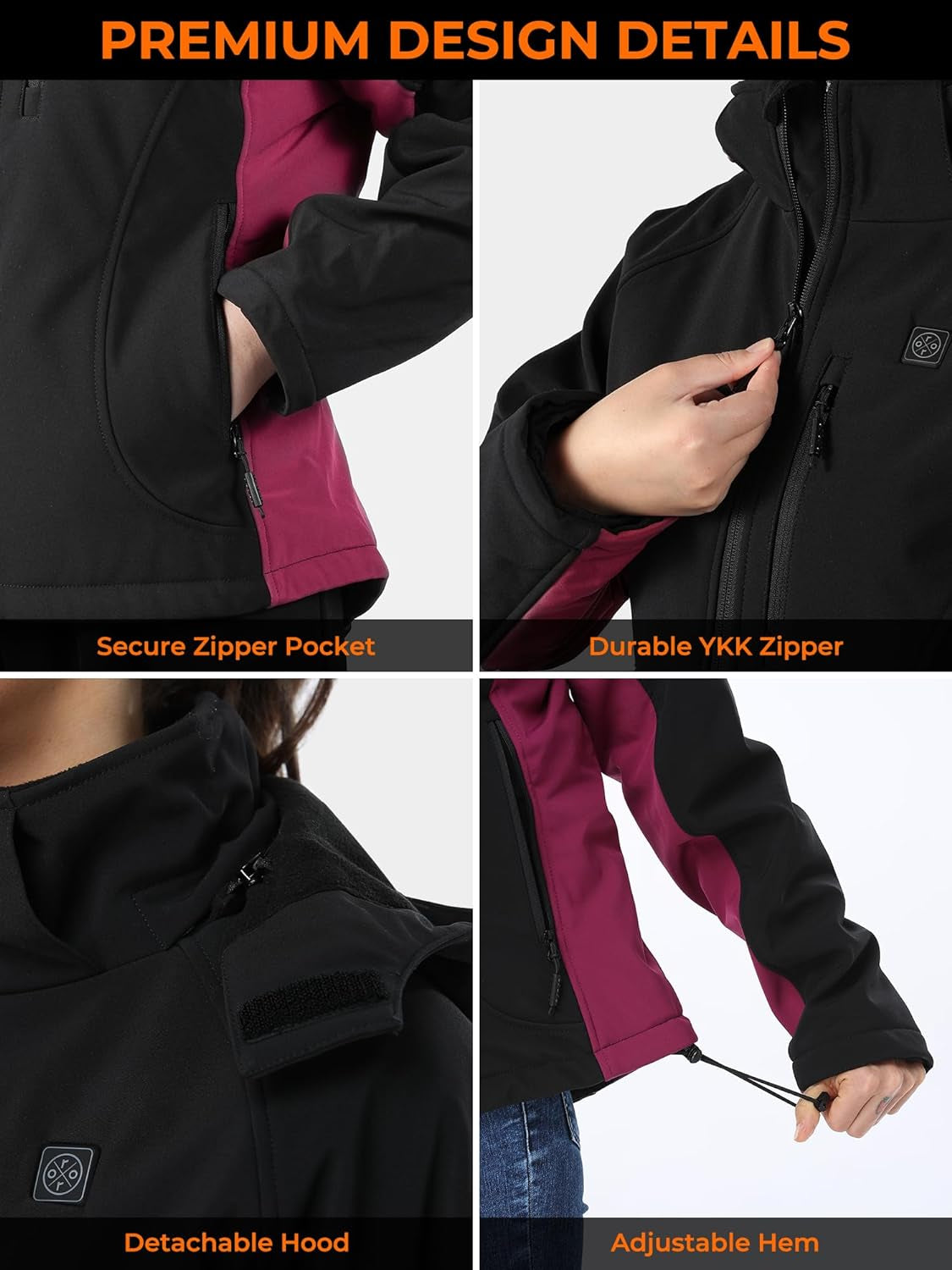 Women'S Slim Fit Heated Jacket with Rechargable Battery, Heated Coat with Detachable Hood