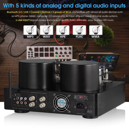 Nobsound Hifi Hybird Stereo Valve Tube Amplifier Bluetooth 5.0 Audio Receiver COAX / OPT Power Amp USB Player