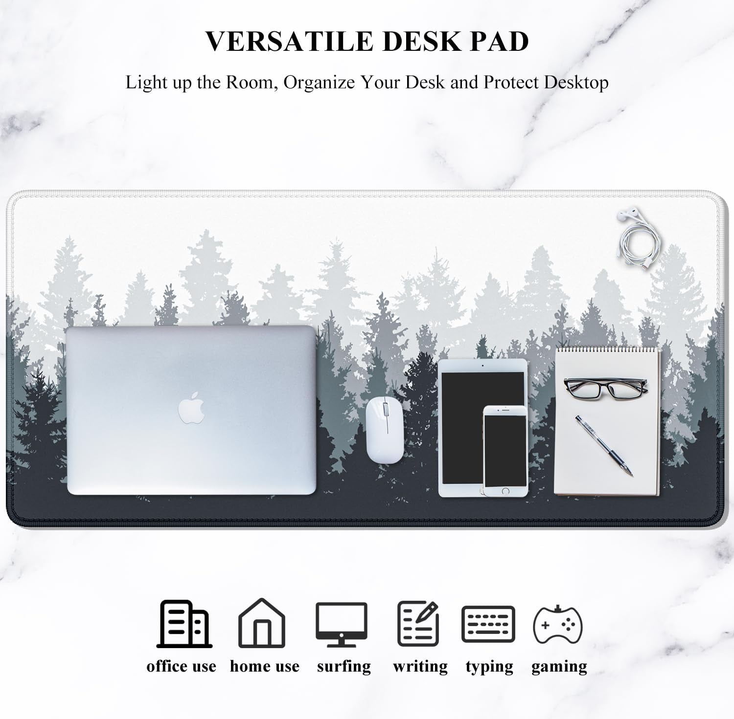 Large Gaming Mouse Pad, Forest Theme XXL 35.4 X 15.7 in Desk Pad Stitched Non-Slip Rubber Long Computer Mousepad Thin Extended Full Size Desk Mat for Desktop, Laptop, Wireless Mice, White
